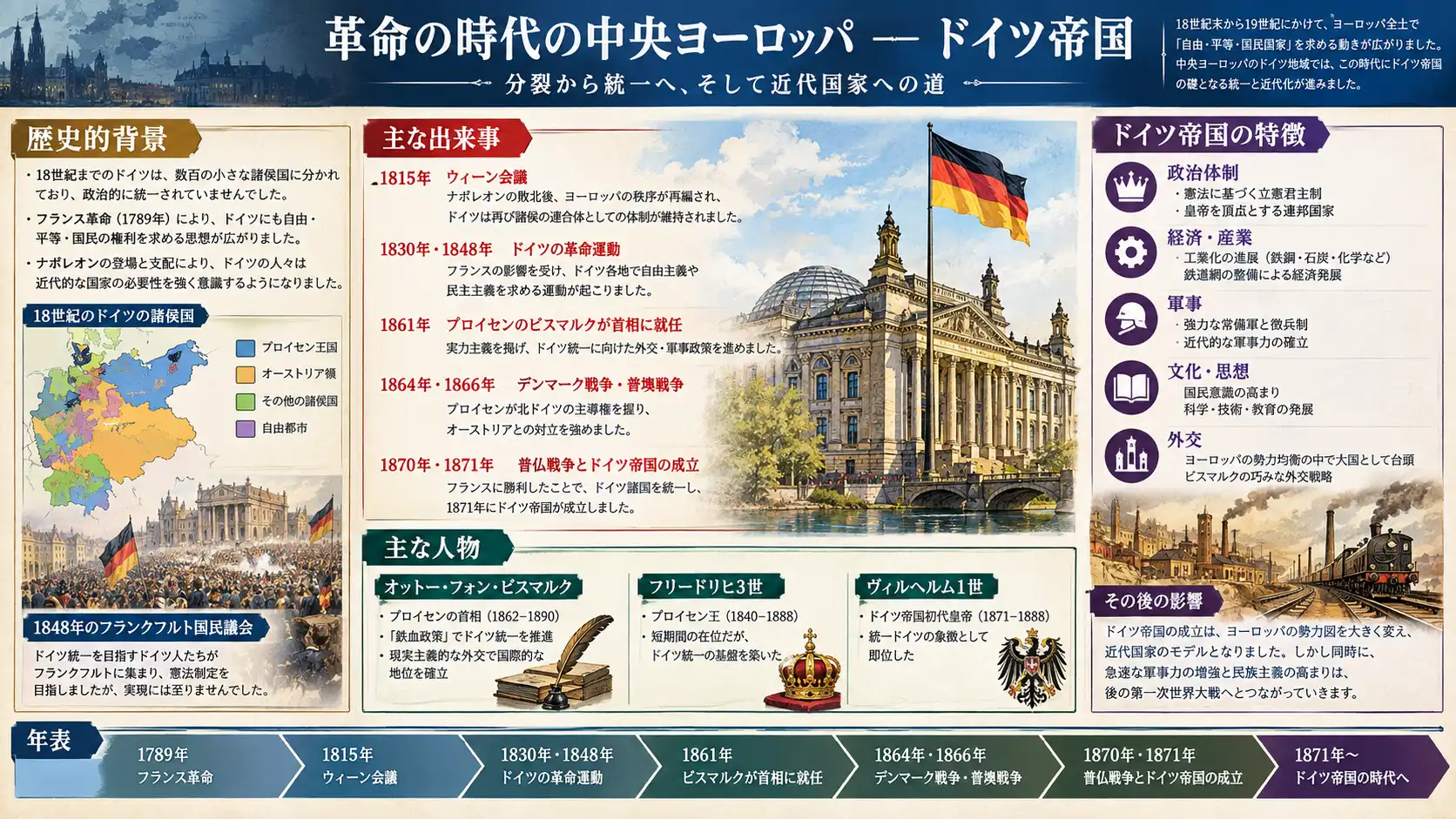 軍制改革とビスマルクの登用によりドイツ統一を成し遂げた初代皇帝