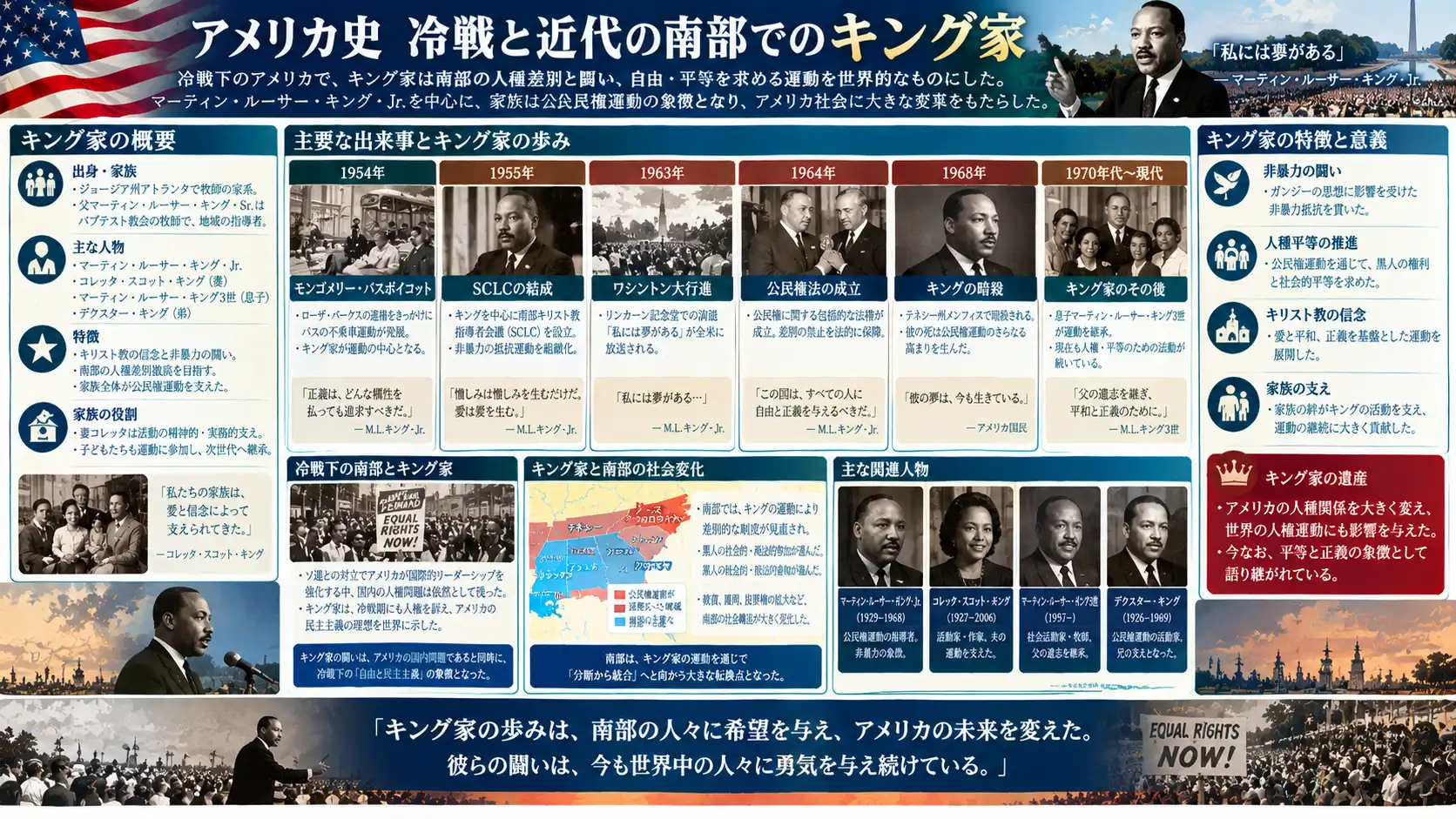 公民権運動を主導し非暴力で人種差別撤廃に挑んだキング一族