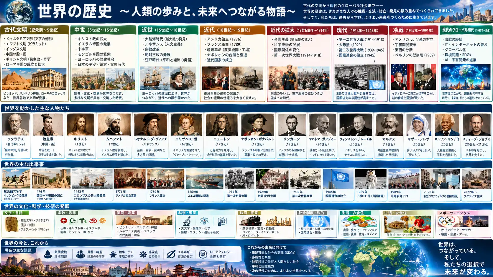 人類の誕生から現代へ続く世界文明と変革の全歩み